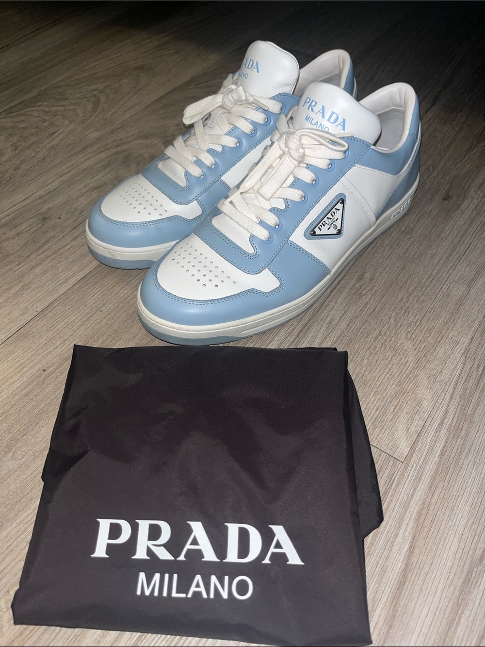 Prada Men’s White & Light Blue Leather Sneakers